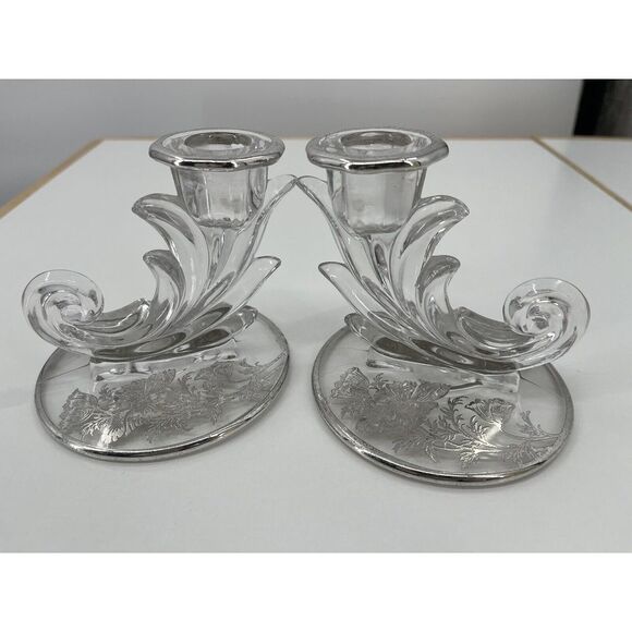 Other - Vintage Set Of 2 Crystal Clear Glass Baroque Candle Holder Single Light Silver‎